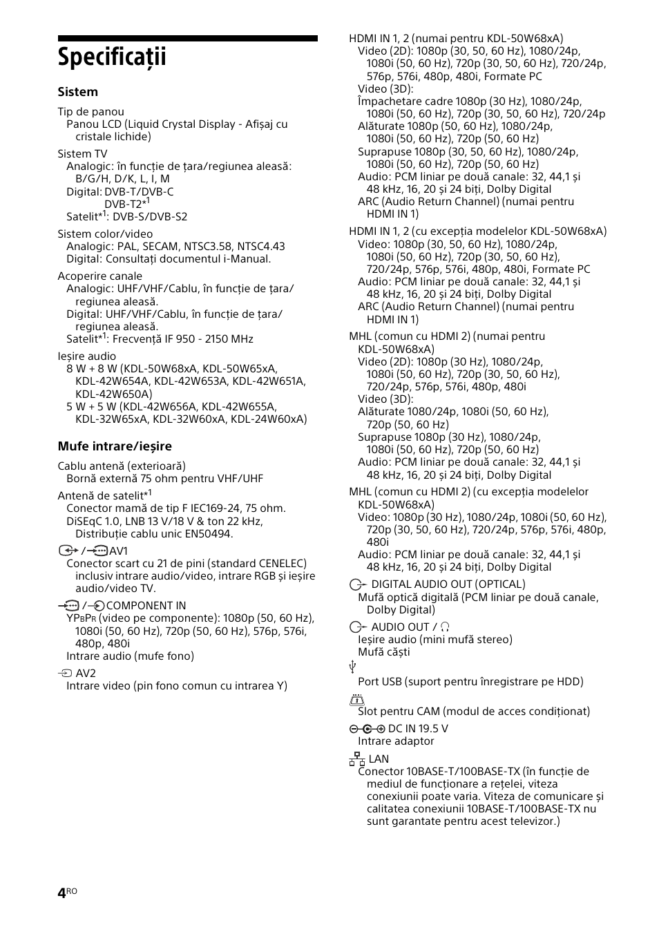 Specificaţii | Sony KDL-32W653A User Manual | Page 90 / 124