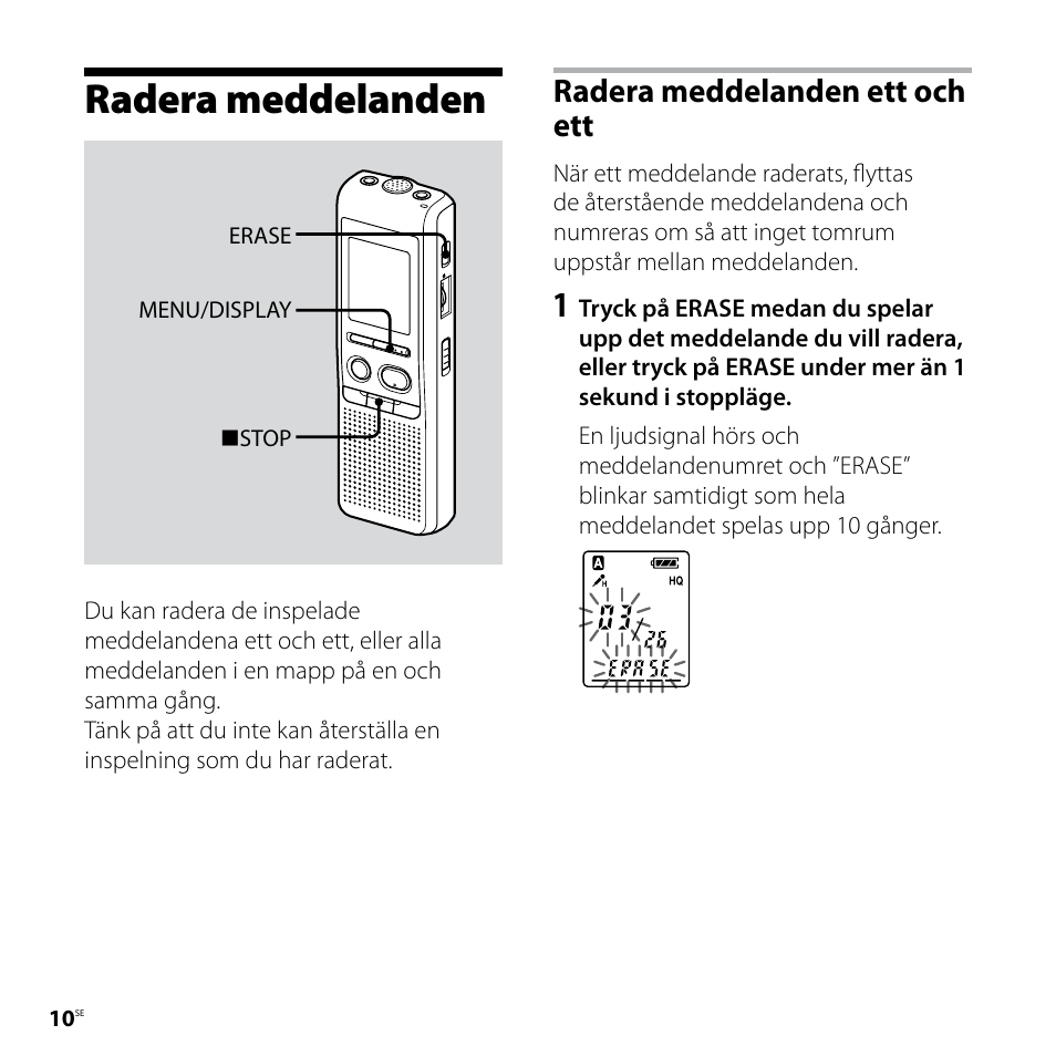 Radera meddelanden, Radera meddelanden ett och ett | Sony ICD-P520 User Manual | Page 10 / 84