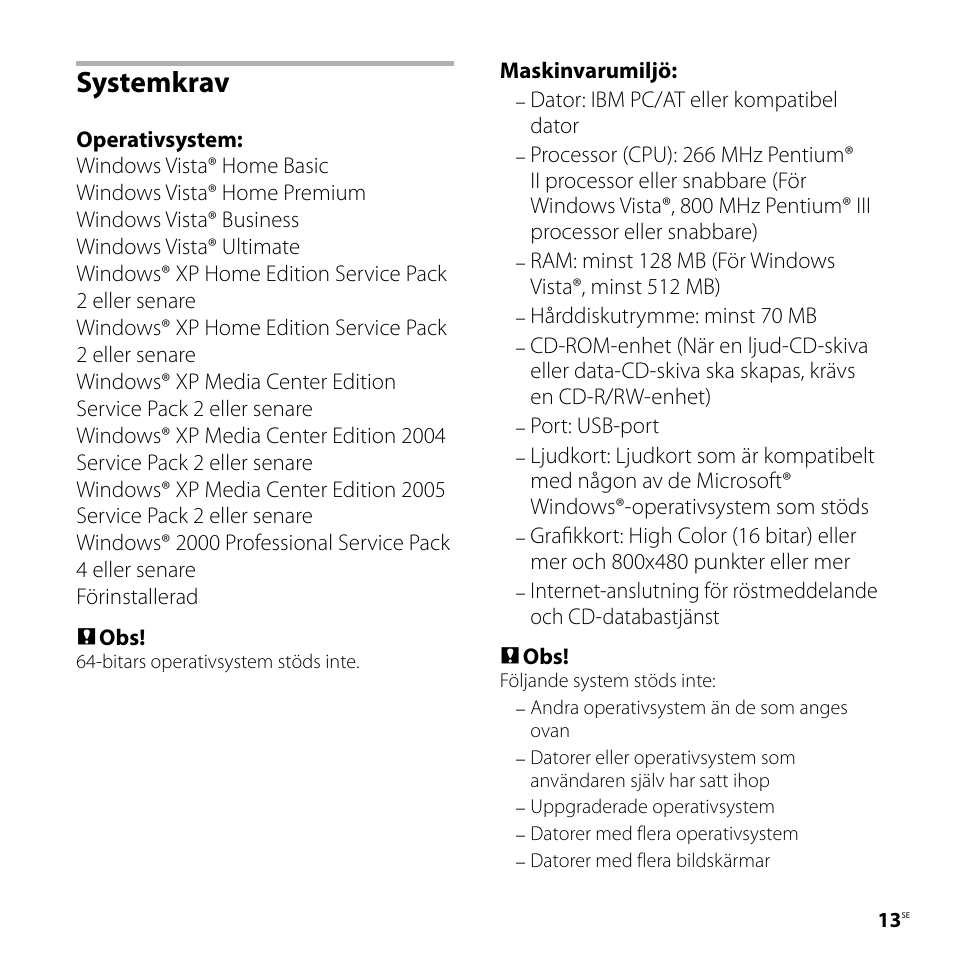 Systemkrav | Sony ICD-P520 User Manual | Page 13 / 84