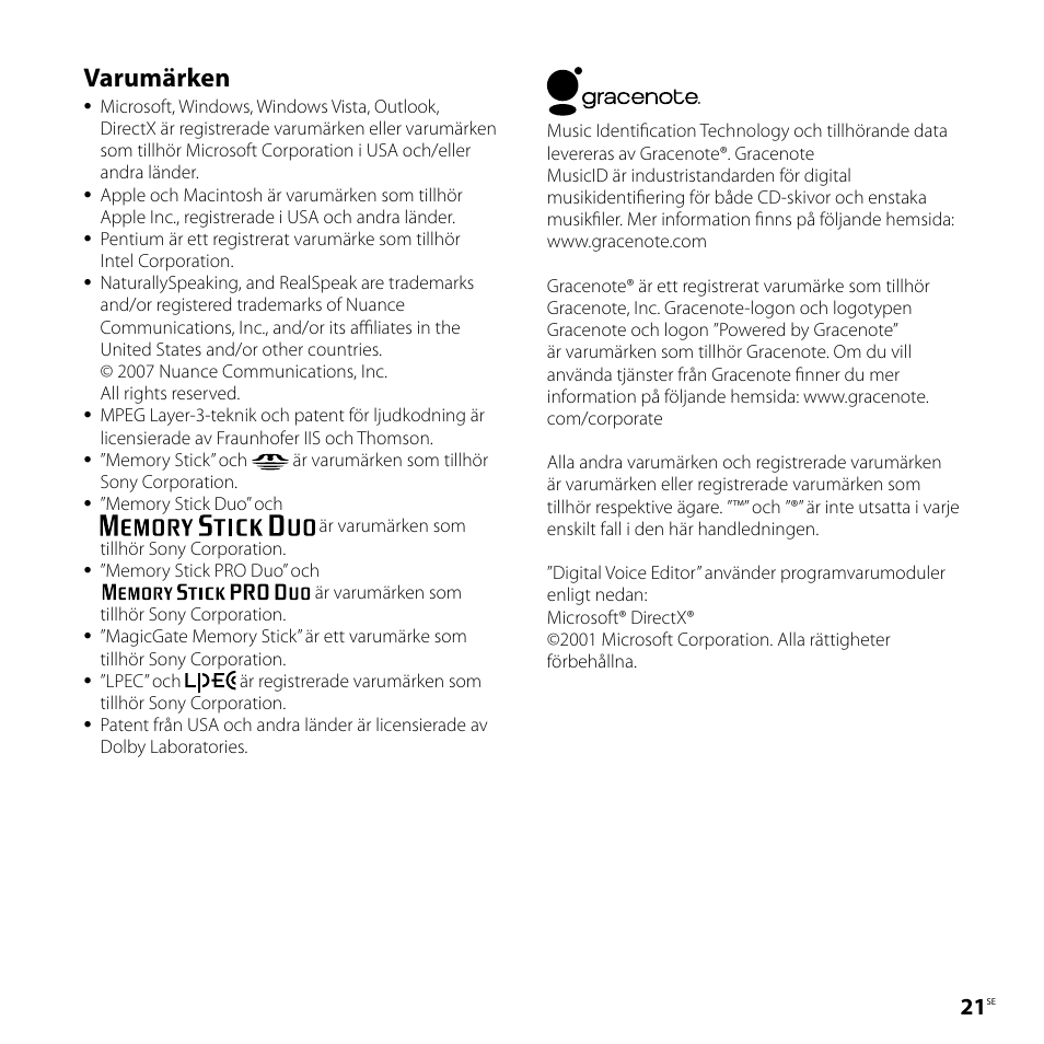 Varumärken | Sony ICD-P520 User Manual | Page 21 / 84