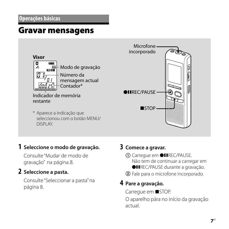 Operações básicas, Gravar mensagens | Sony ICD-P520 User Manual | Page 27 / 84