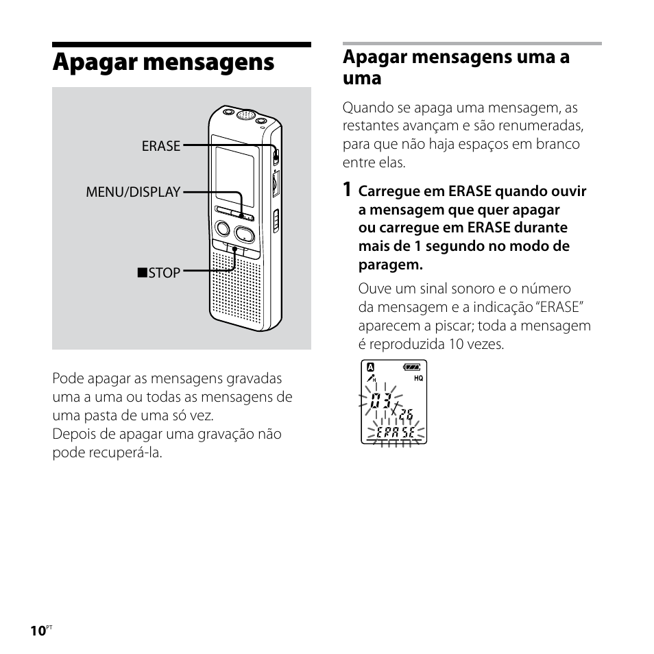 Apagar mensagens, Apagar mensagens uma a uma | Sony ICD-P520 User Manual | Page 30 / 84