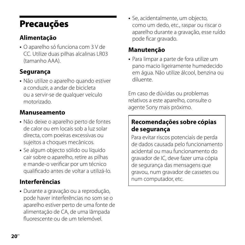 Precauções, Alimentação, Segurança | Manuseamento, Interferências, Manutenção, Recomendações sobre cópias de segurança | Sony ICD-P520 User Manual | Page 40 / 84