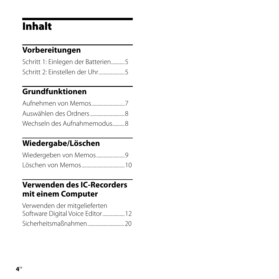 Inhalt | Sony ICD-P520 User Manual | Page 44 / 84