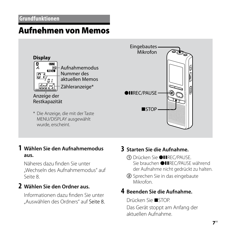 Grundfunktionen, Aufnehmen von memos | Sony ICD-P520 User Manual | Page 47 / 84