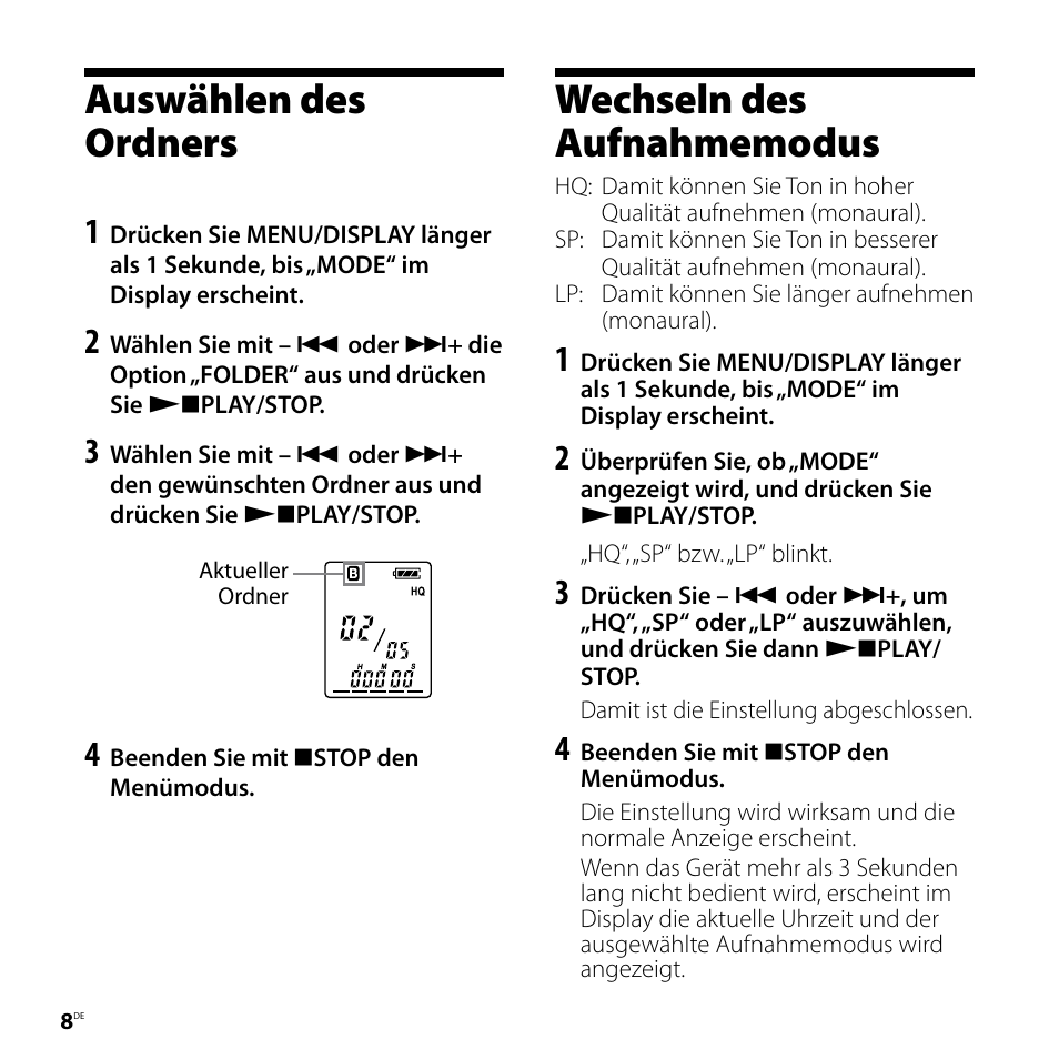 Auswählen des ordners, Wechseln des aufnahmemodus, Auswählen des ordners wechseln des aufnahmemodus | Sony ICD-P520 User Manual | Page 48 / 84