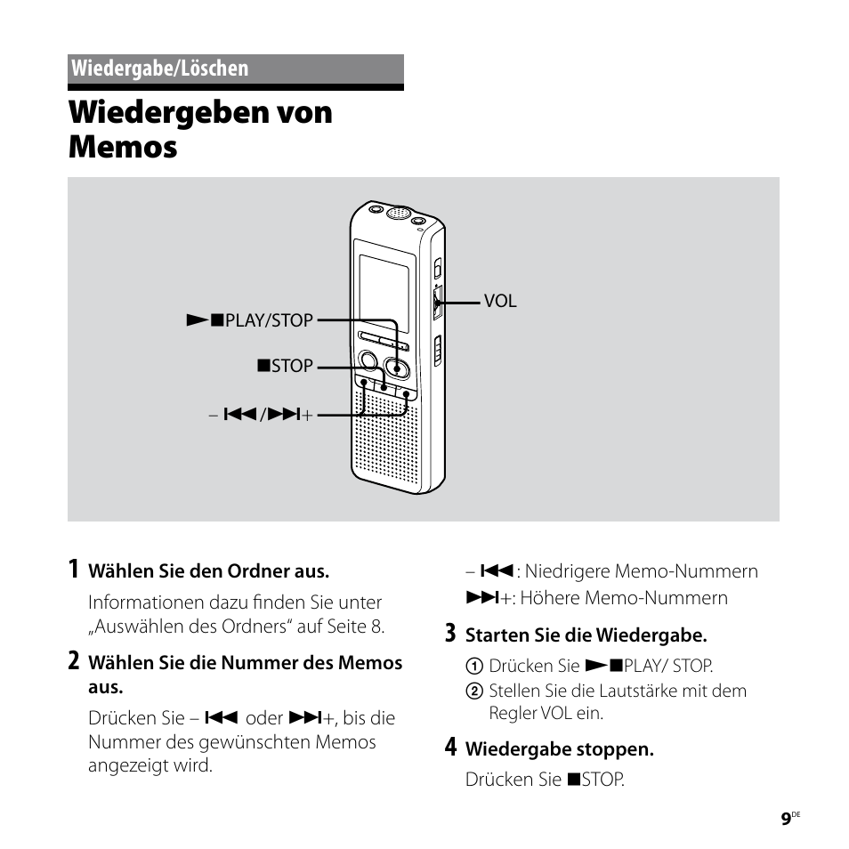 Wiedergabe/löschen, Wiedergeben von memos | Sony ICD-P520 User Manual | Page 49 / 84