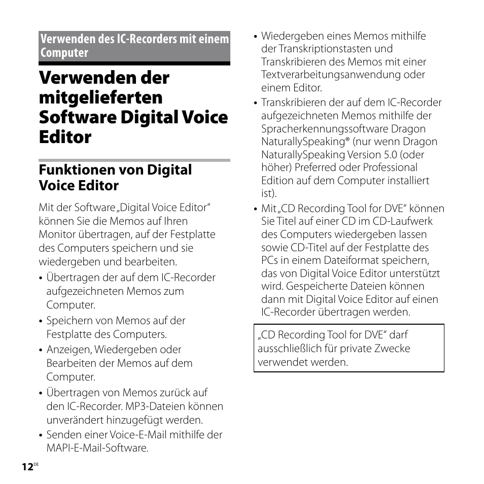 Verwenden des ic-recorders mit einem computer, Verwenden des ic-recorders, Mit einem computer | Verwenden der mitgelieferten, Software digital voice editor, Funktionen von digital voice editor | Sony ICD-P520 User Manual | Page 52 / 84