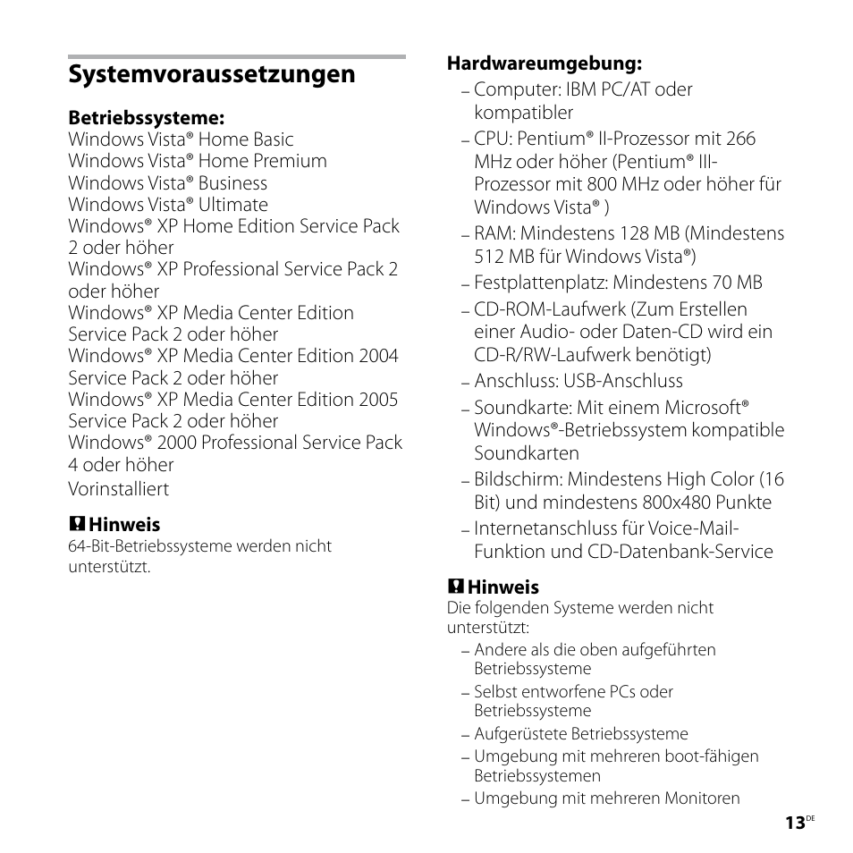 Systemvoraussetzungen | Sony ICD-P520 User Manual | Page 53 / 84