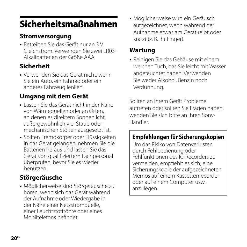 Sicherheitsmaßnahmen, Stromversorgung, Sicherheit | Umgang mit dem gerät, Störgeräusche, Wartung, Empfehlungen für sicherungskopien | Sony ICD-P520 User Manual | Page 60 / 84