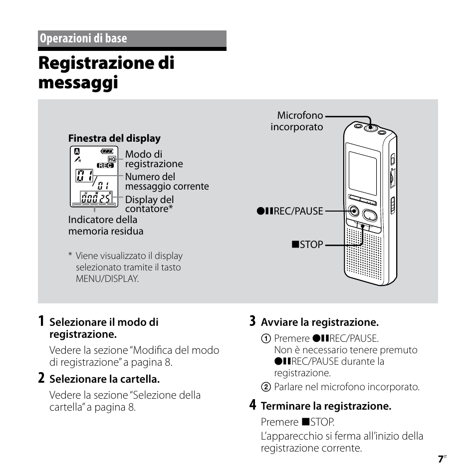 Operazioni di base, Registrazione di messaggi | Sony ICD-P520 User Manual | Page 67 / 84