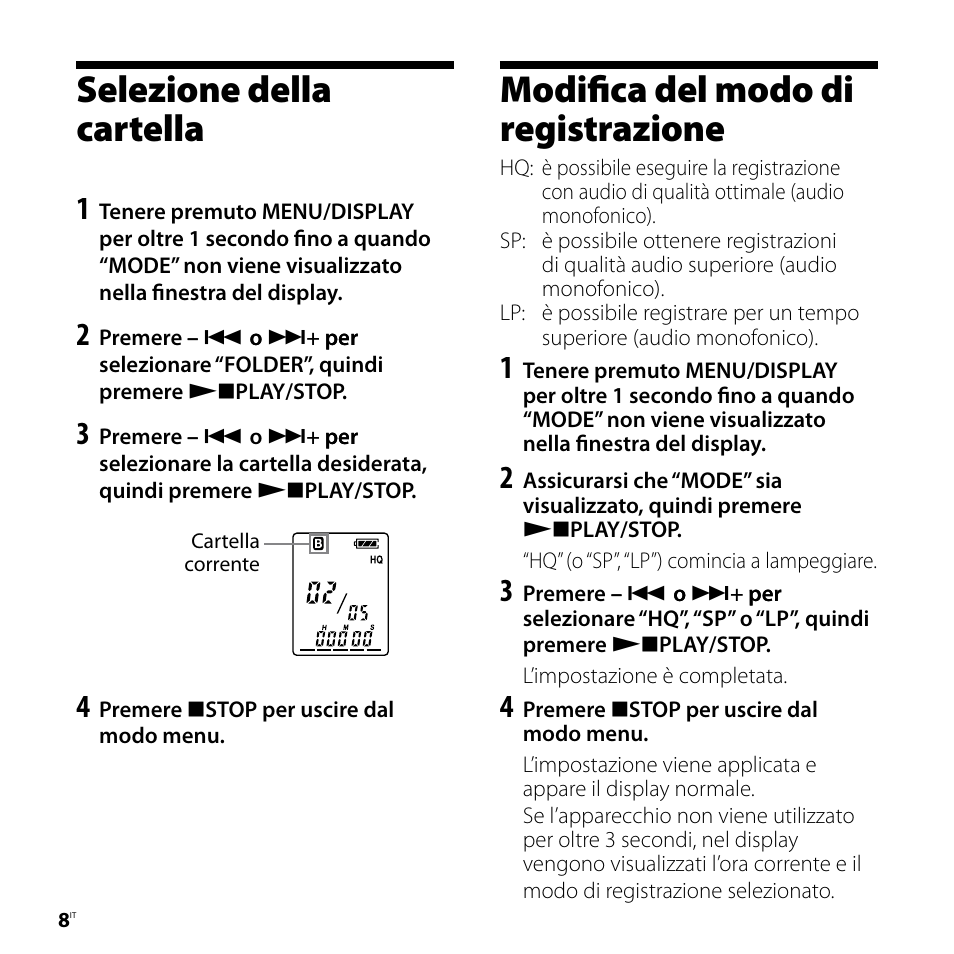 Selezione della cartella, Modifica del modo di registrazione | Sony ICD-P520 User Manual | Page 68 / 84