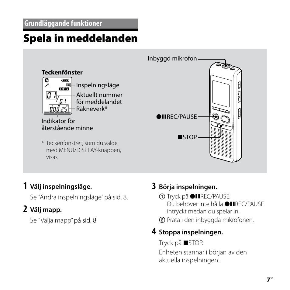 Grundläggande funktioner, Spela in meddelanden | Sony ICD-P520 User Manual | Page 7 / 84