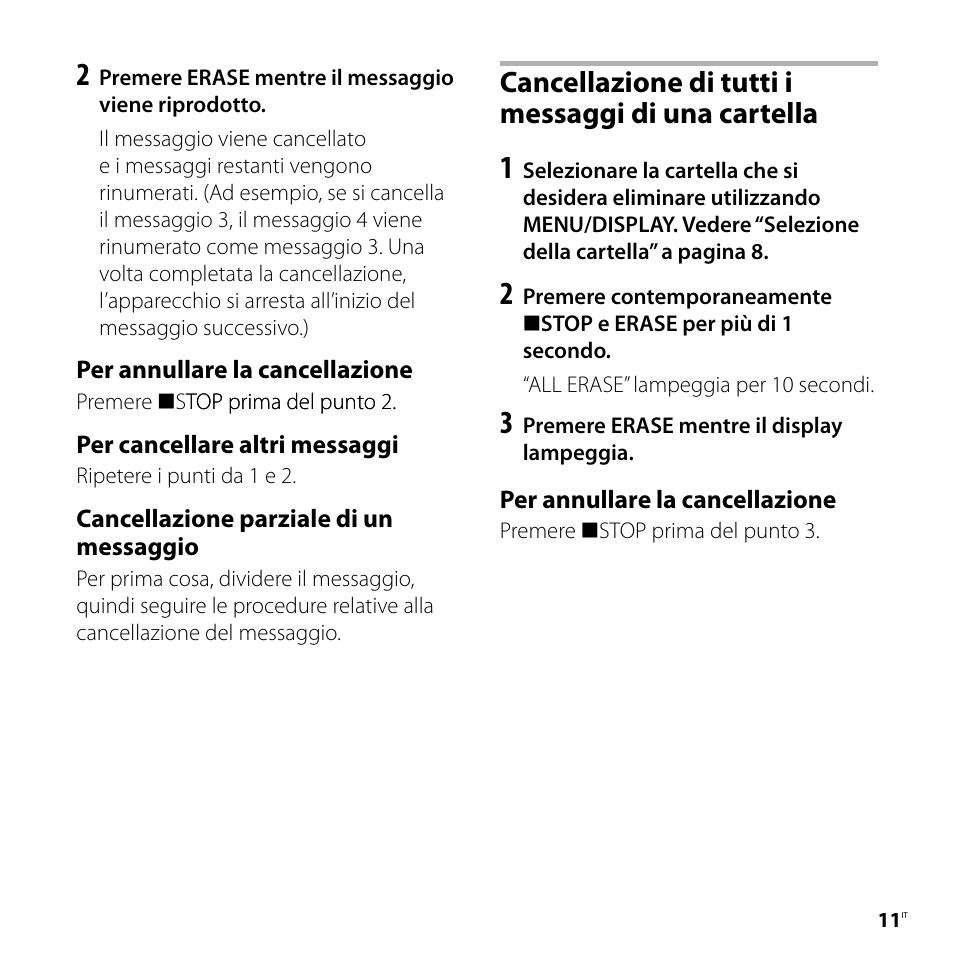 Cancellazione di tutti i messaggi di una cartella | Sony ICD-P520 User Manual | Page 71 / 84