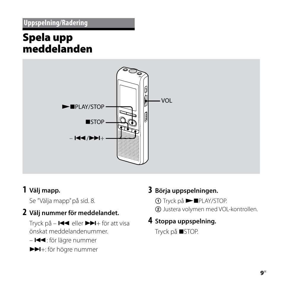 Uppspelning/radering, Spela upp meddelanden | Sony ICD-P520 User Manual | Page 9 / 84