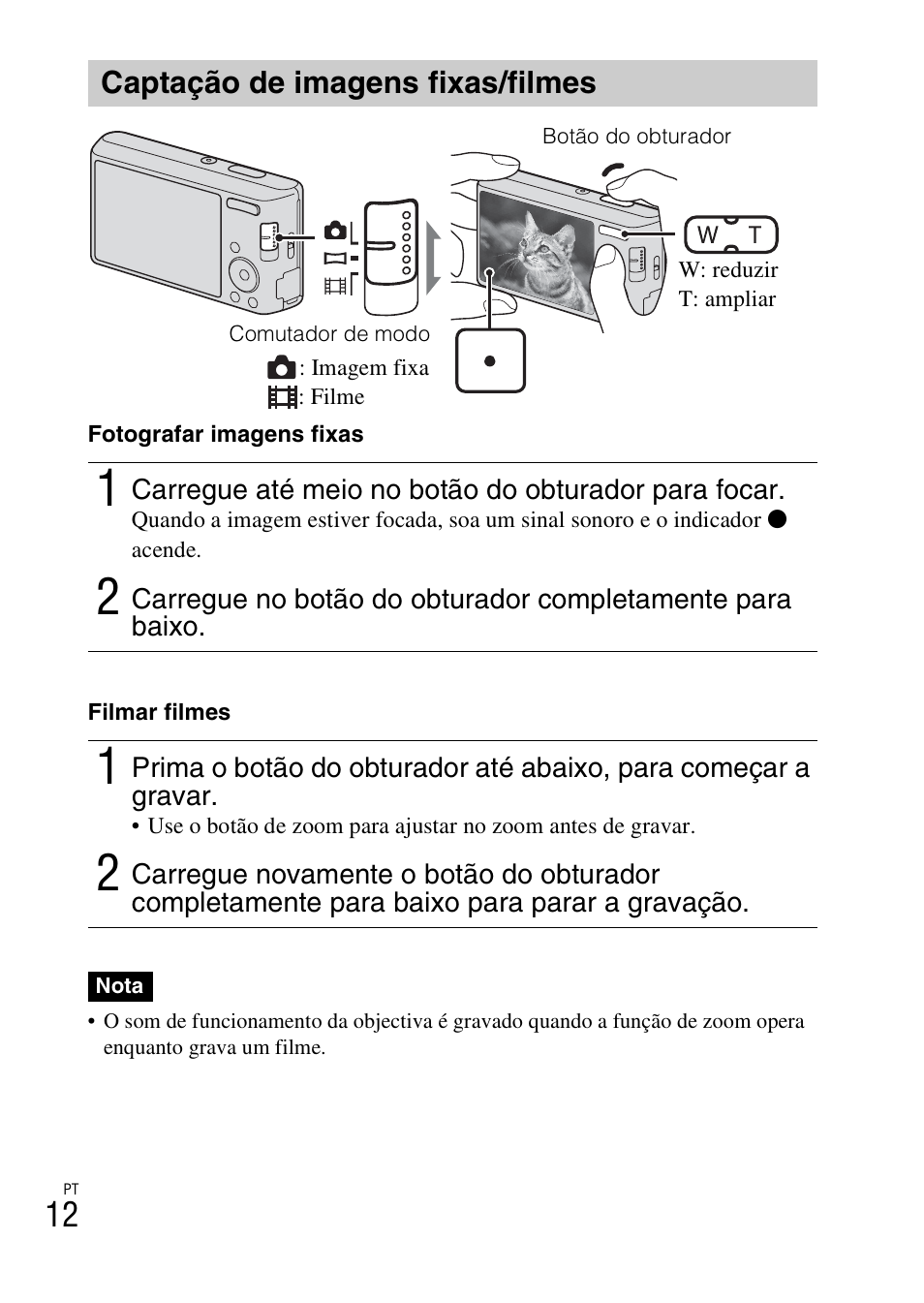 Captação de imagens fixas/filmes | Sony DSC-W550 User Manual | Page 102 / 427