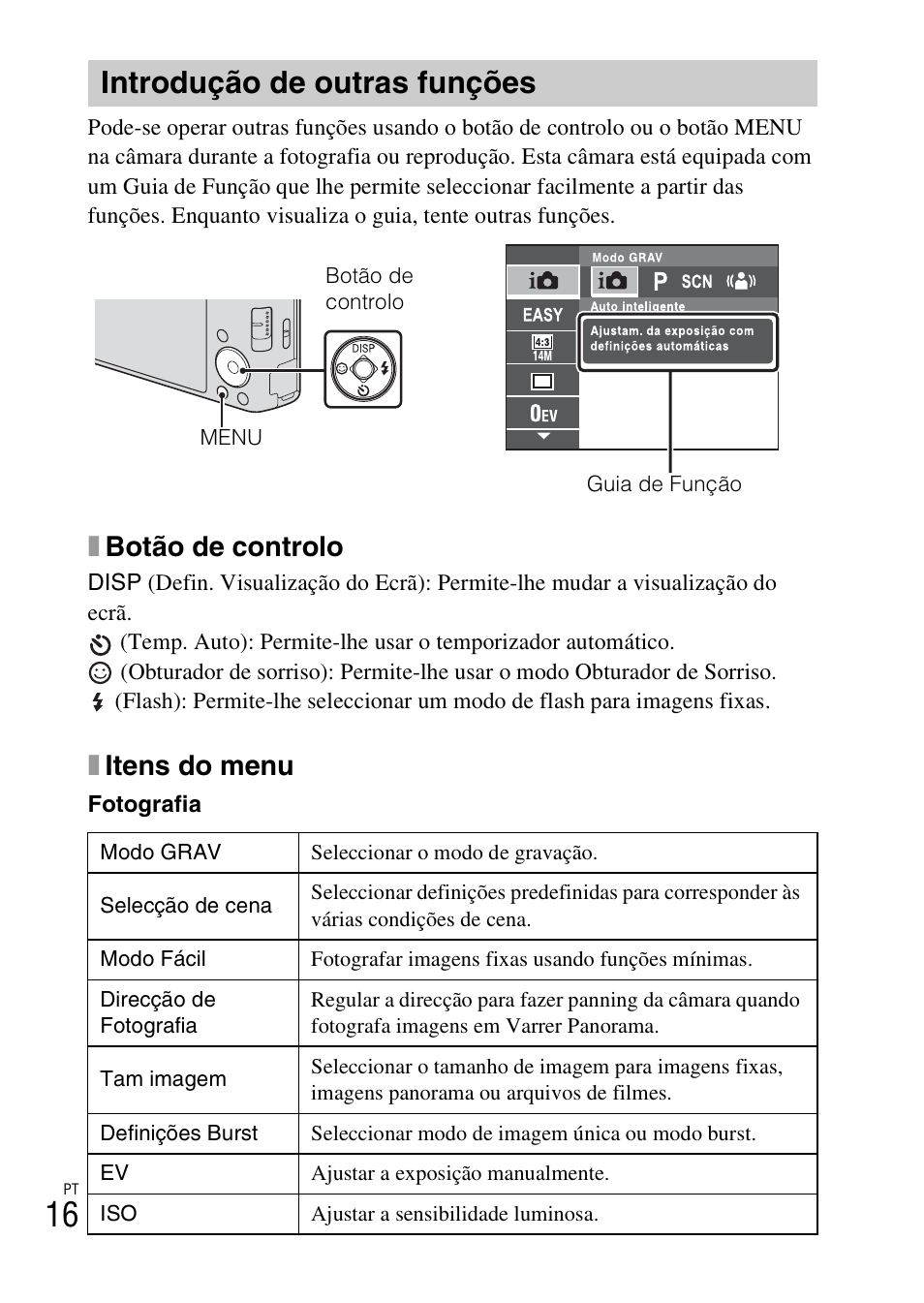 Introdução de outras funções, Xbotão de controlo, Xitens do menu | Sony DSC-W550 User Manual | Page 106 / 427