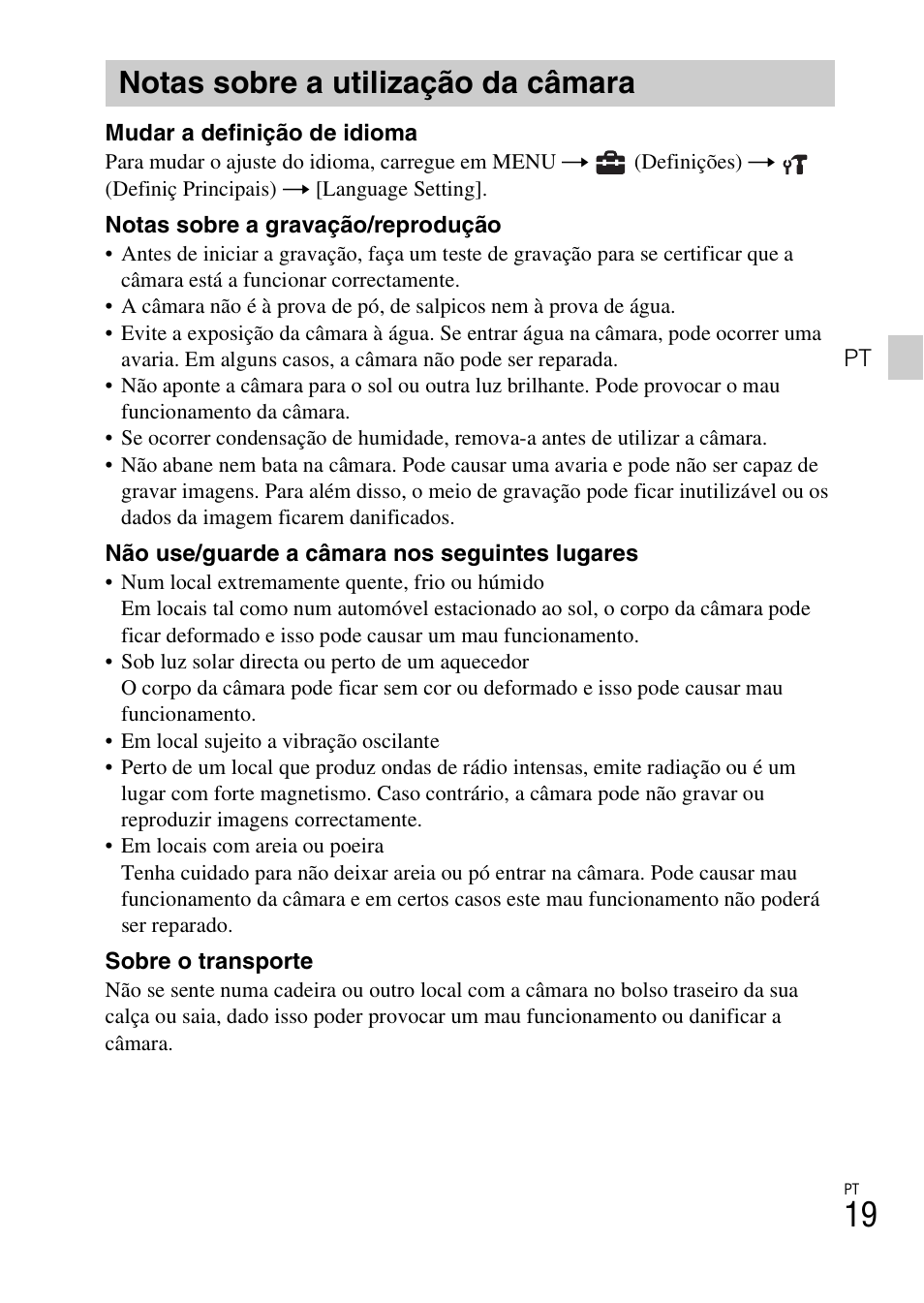 Notas sobre a utilização da câmara | Sony DSC-W550 User Manual | Page 109 / 427