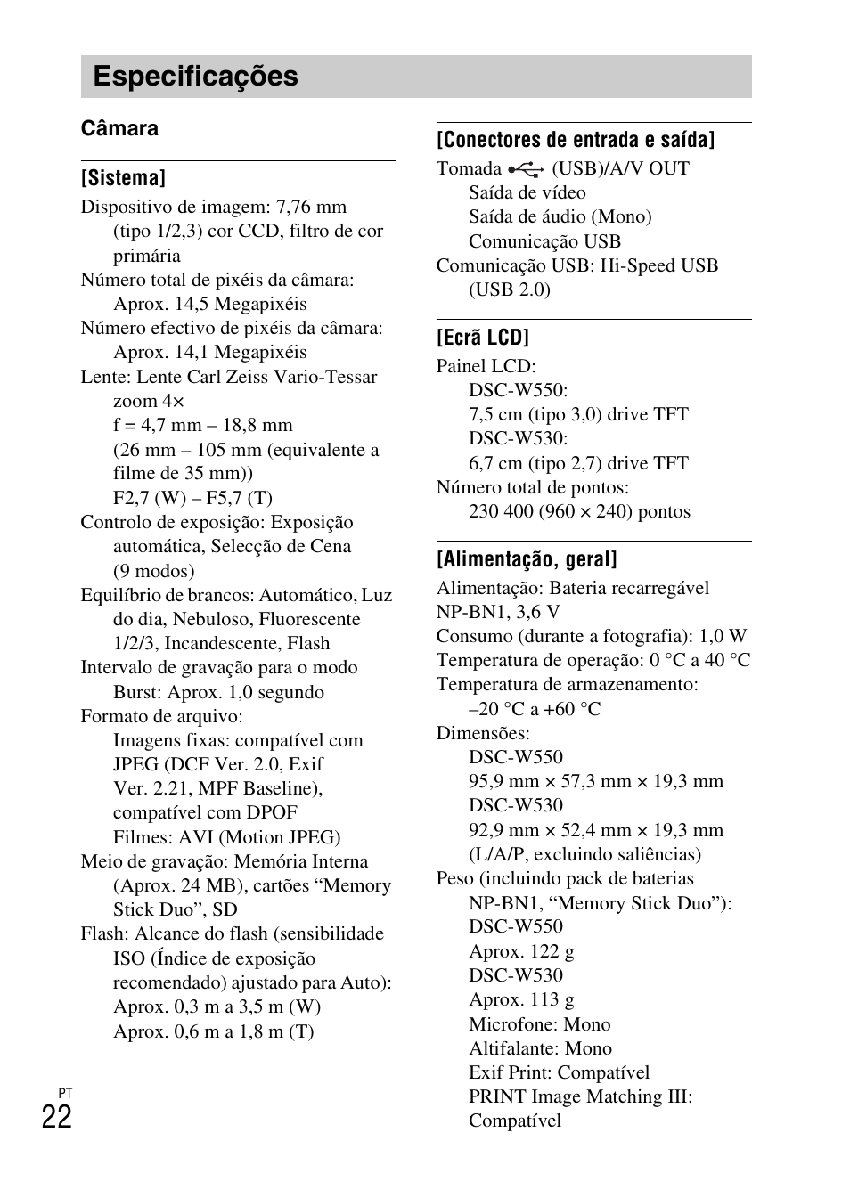 Especificações | Sony DSC-W550 User Manual | Page 112 / 427