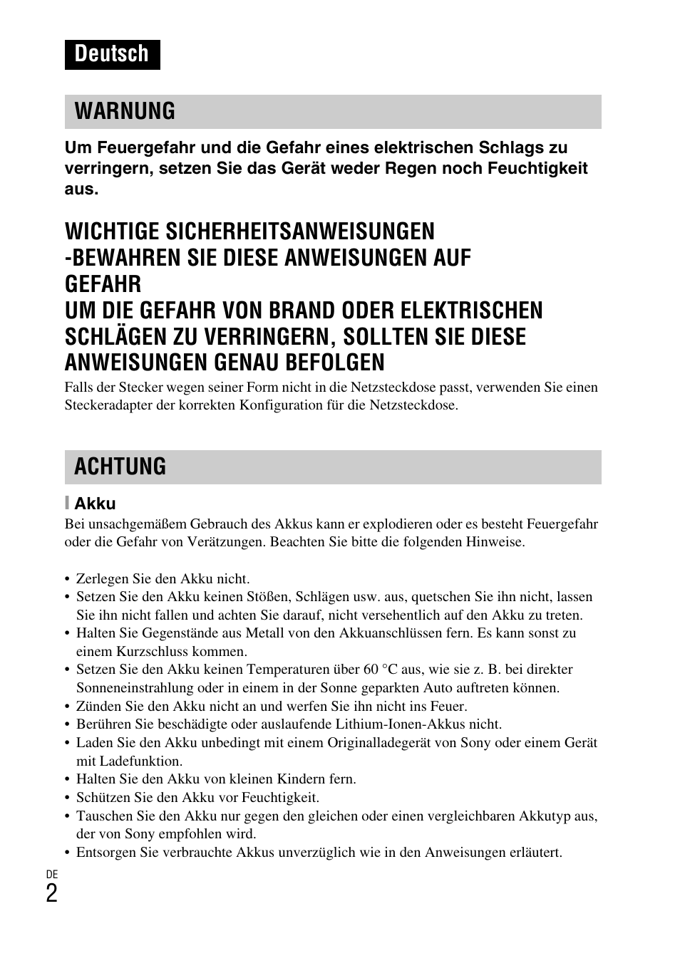 Deutsch, Deutsch warnung achtung | Sony DSC-W550 User Manual | Page 114 / 427