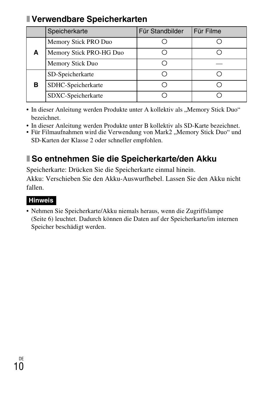 Xverwendbare speicherkarten, Xso entnehmen sie die speicherkarte/den akku | Sony DSC-W550 User Manual | Page 122 / 427