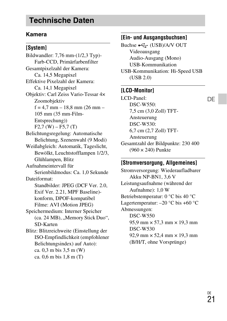 Technische daten | Sony DSC-W550 User Manual | Page 133 / 427