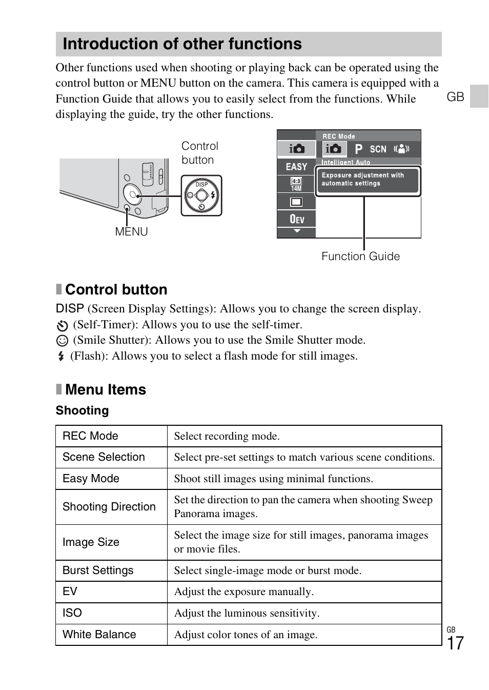 Introduction of other functions, Xcontrol button, Xmenu items | Sony DSC-W550 User Manual | Page 17 / 427