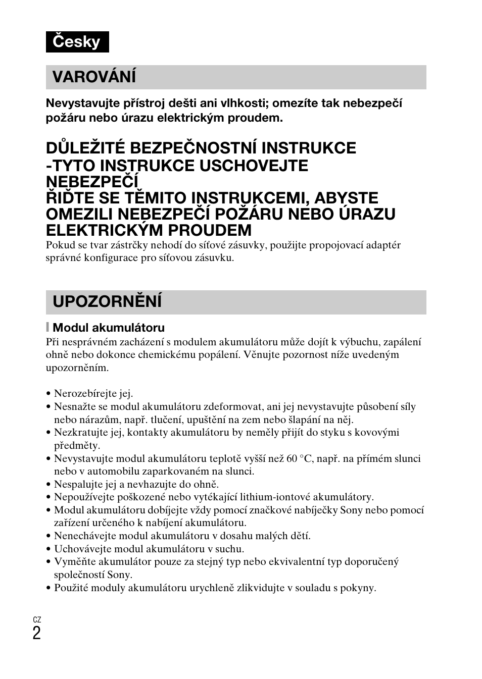 Česky, Česky varování upozornění | Sony DSC-W550 User Manual | Page 182 / 427