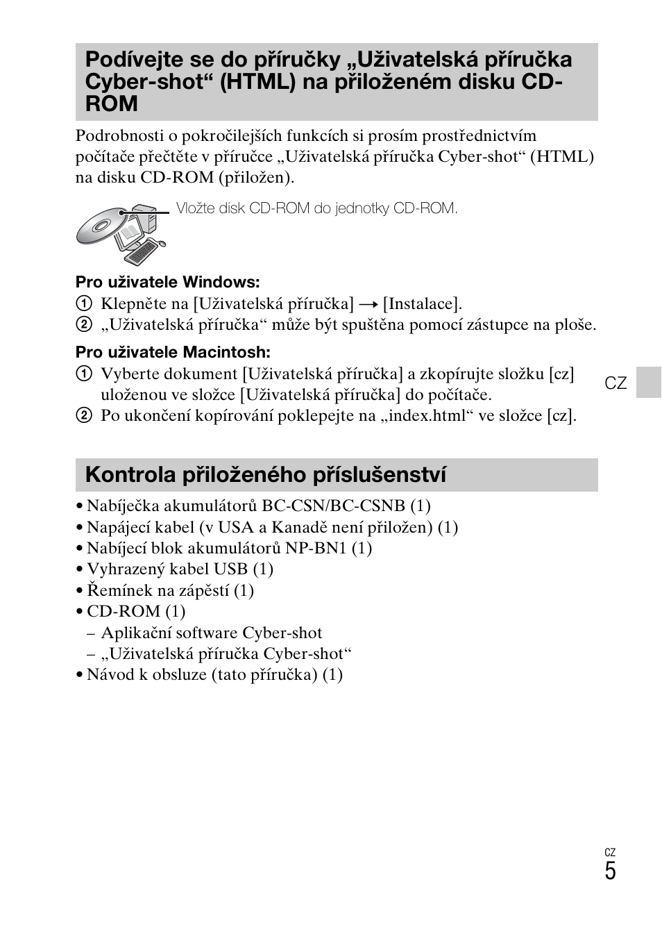 Kontrola přiloženého příslušenství | Sony DSC-W550 User Manual | Page 185 / 427