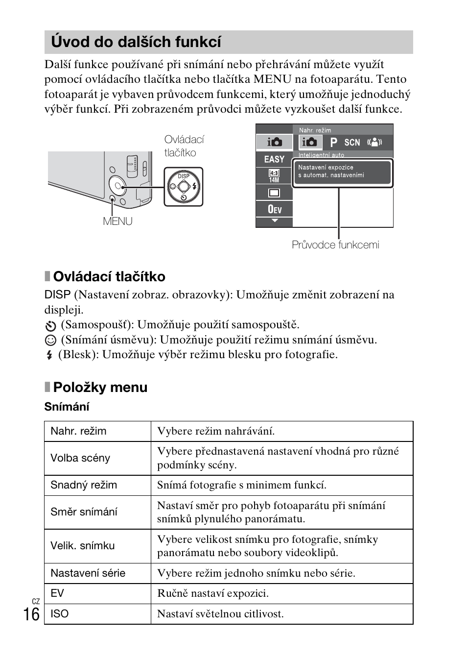 Úvod do dalších funkcí, Xovládací tlačítko, Xpoložky menu | Sony DSC-W550 User Manual | Page 196 / 427