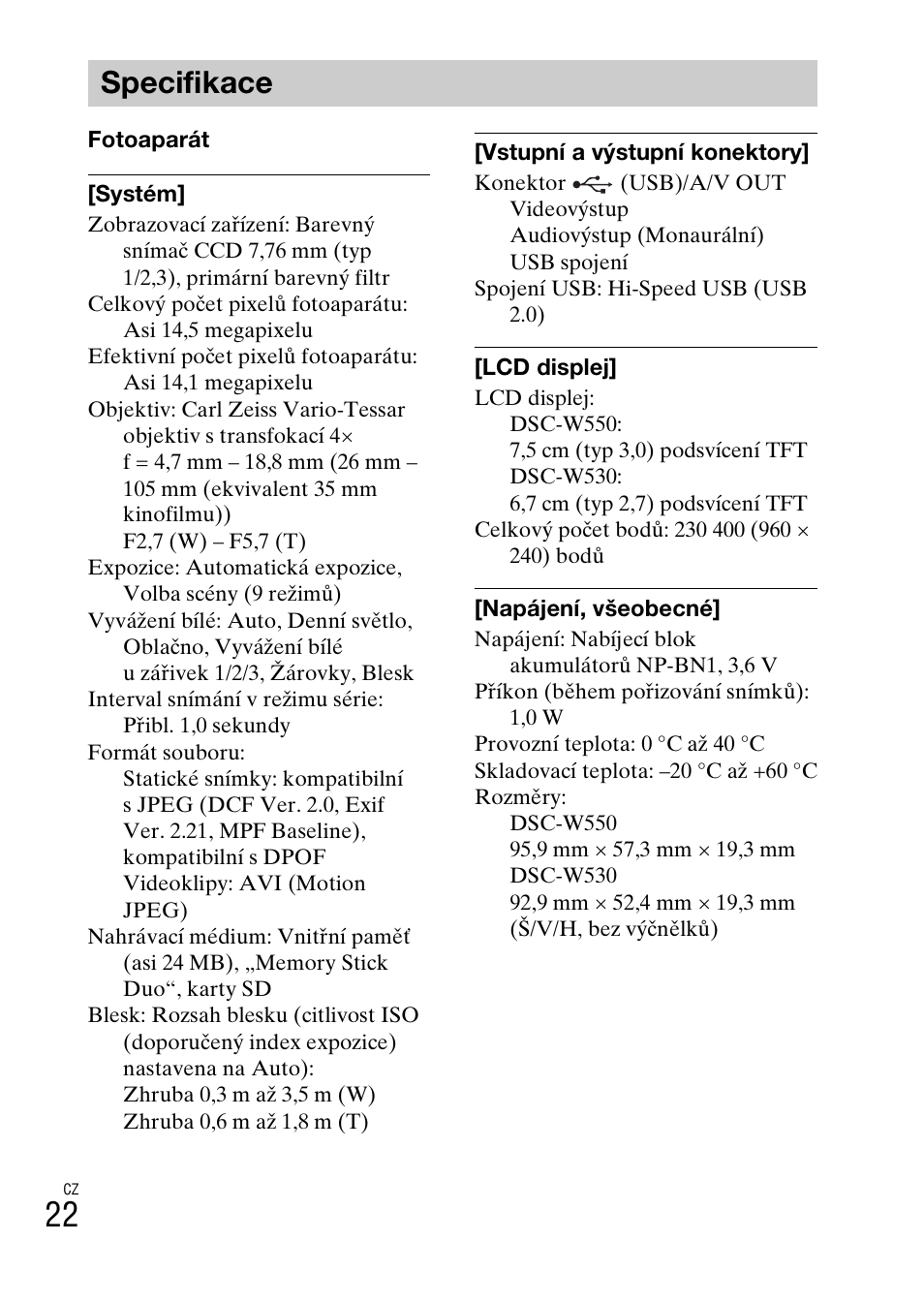 Specifikace | Sony DSC-W550 User Manual | Page 202 / 427