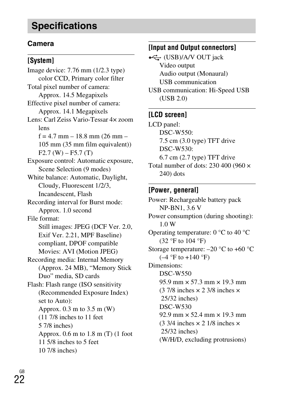 Specifications | Sony DSC-W550 User Manual | Page 22 / 427