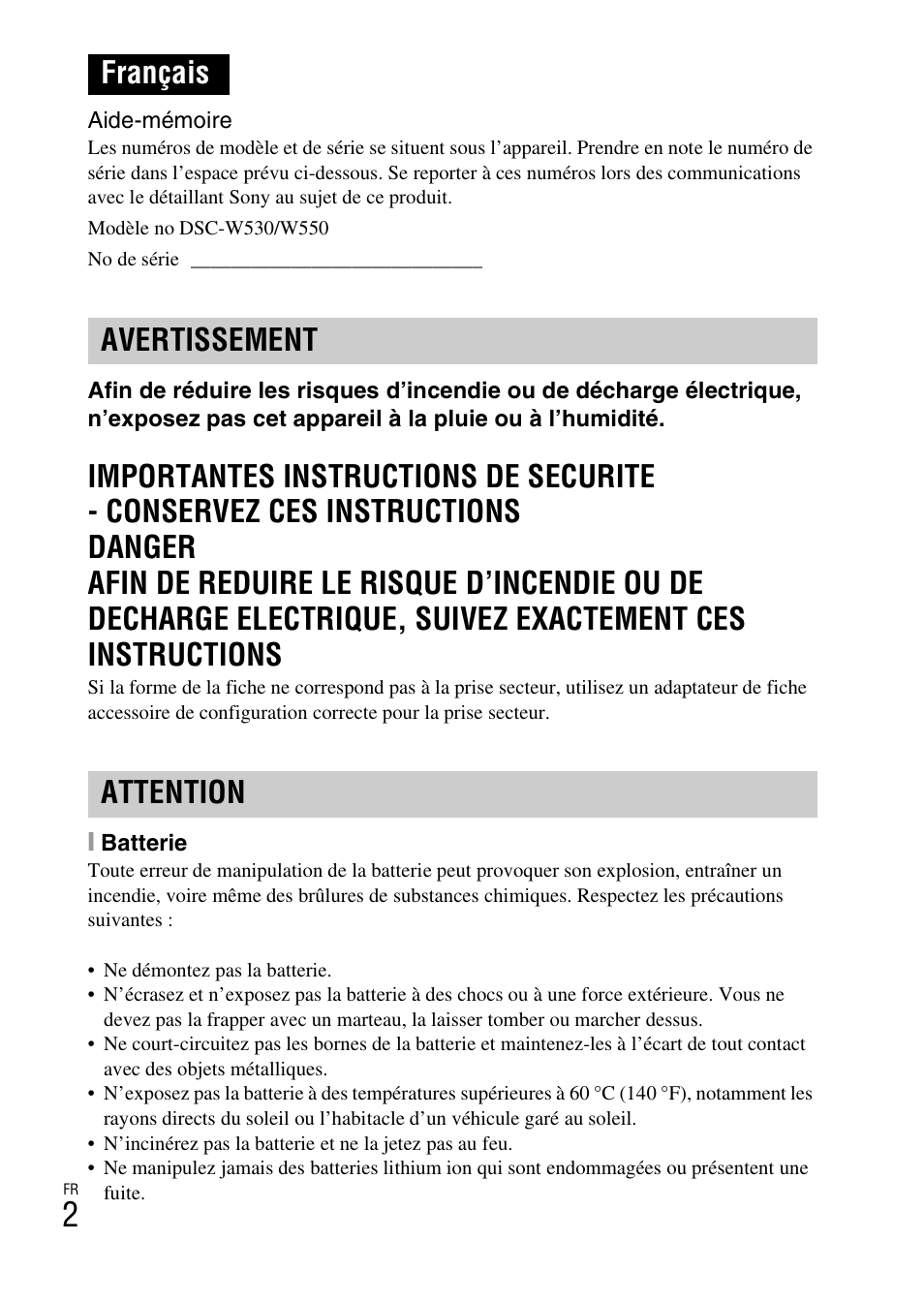 Français, Français avertissement attention | Sony DSC-W550 User Manual | Page 24 / 427