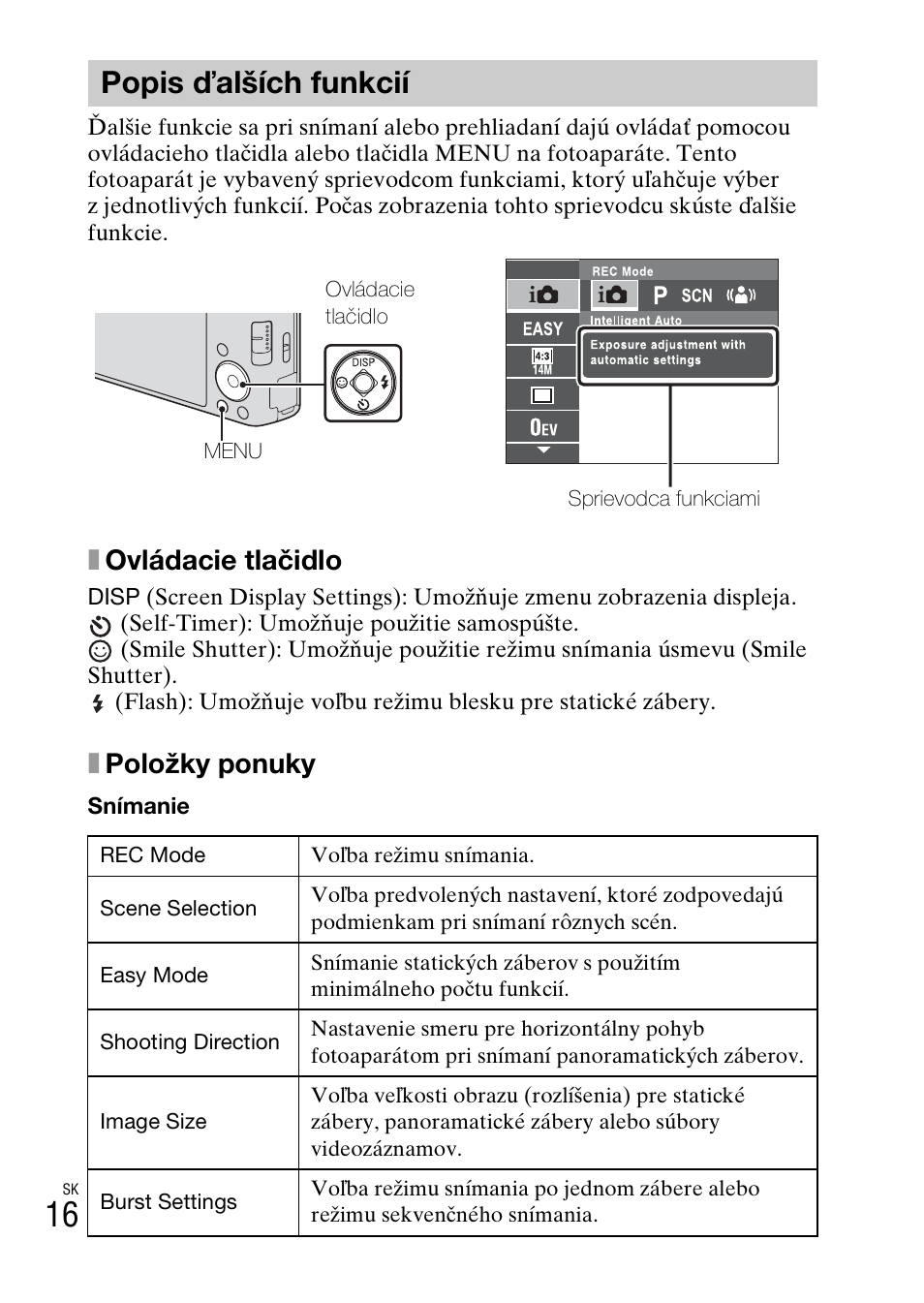 Popis ďalších funkcií, Xovládacie tlačidlo, Xpoložky ponuky | Sony DSC-W550 User Manual | Page 240 / 427