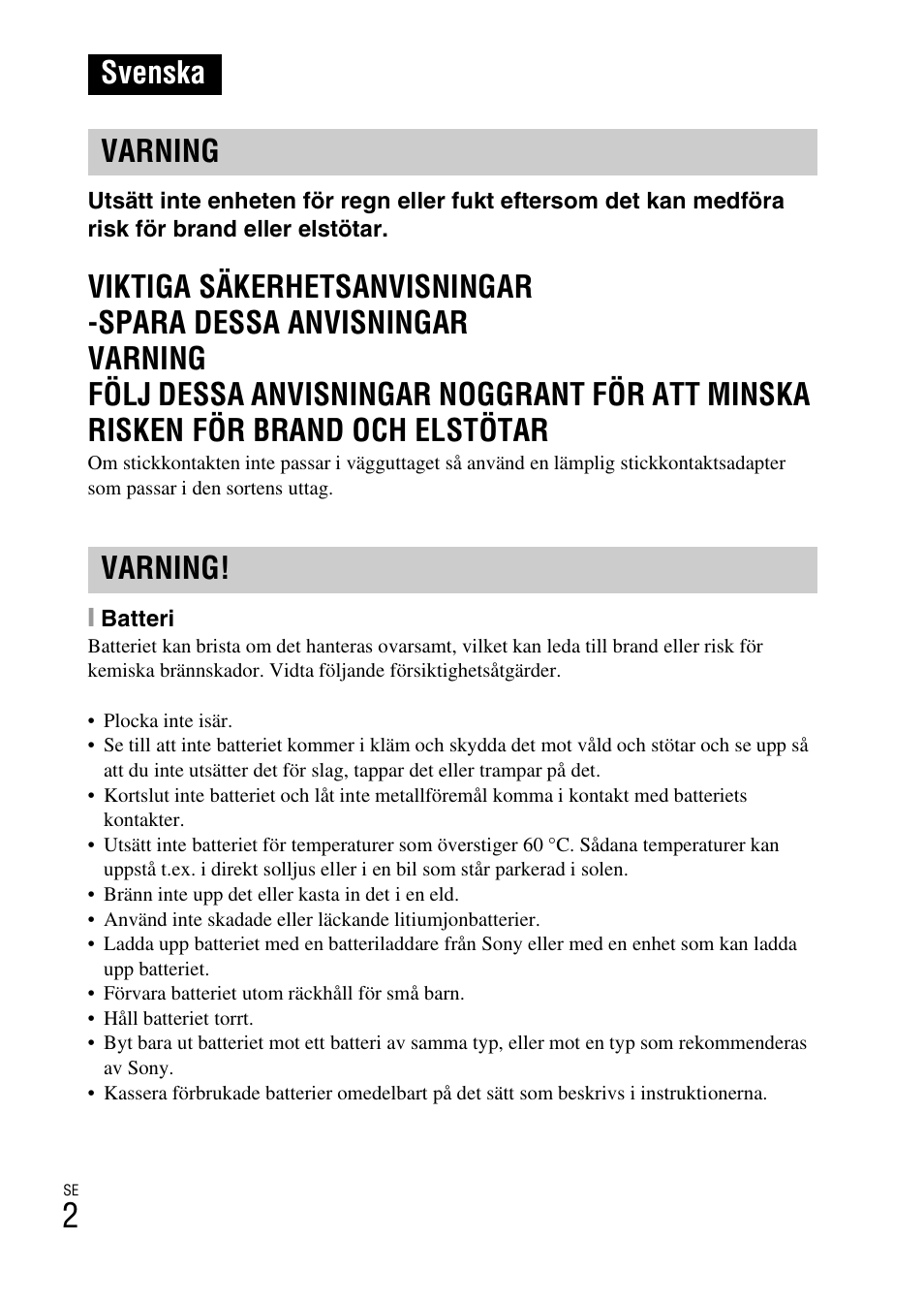 Svenska, Svenska varning varning | Sony DSC-W550 User Manual | Page 248 / 427