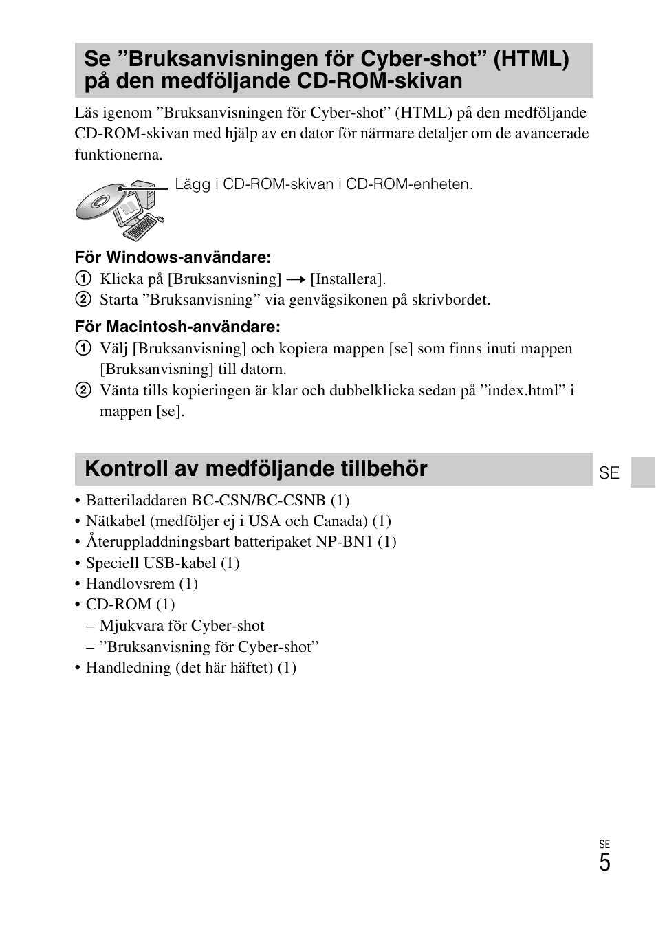 Kontroll av medföljande tillbehör | Sony DSC-W550 User Manual | Page 251 / 427