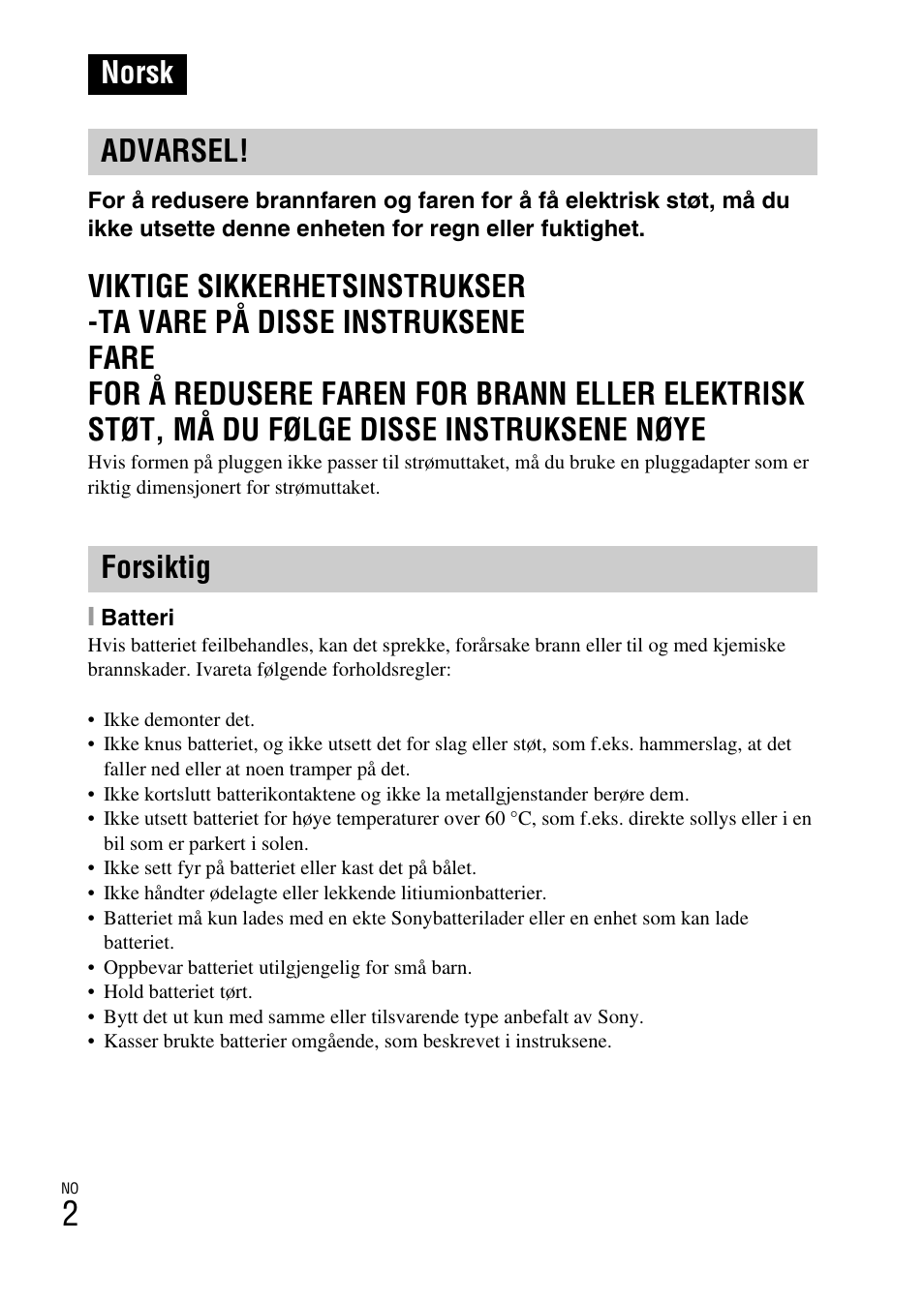 Norsk, Norsk advarsel! forsiktig | Sony DSC-W550 User Manual | Page 290 / 427