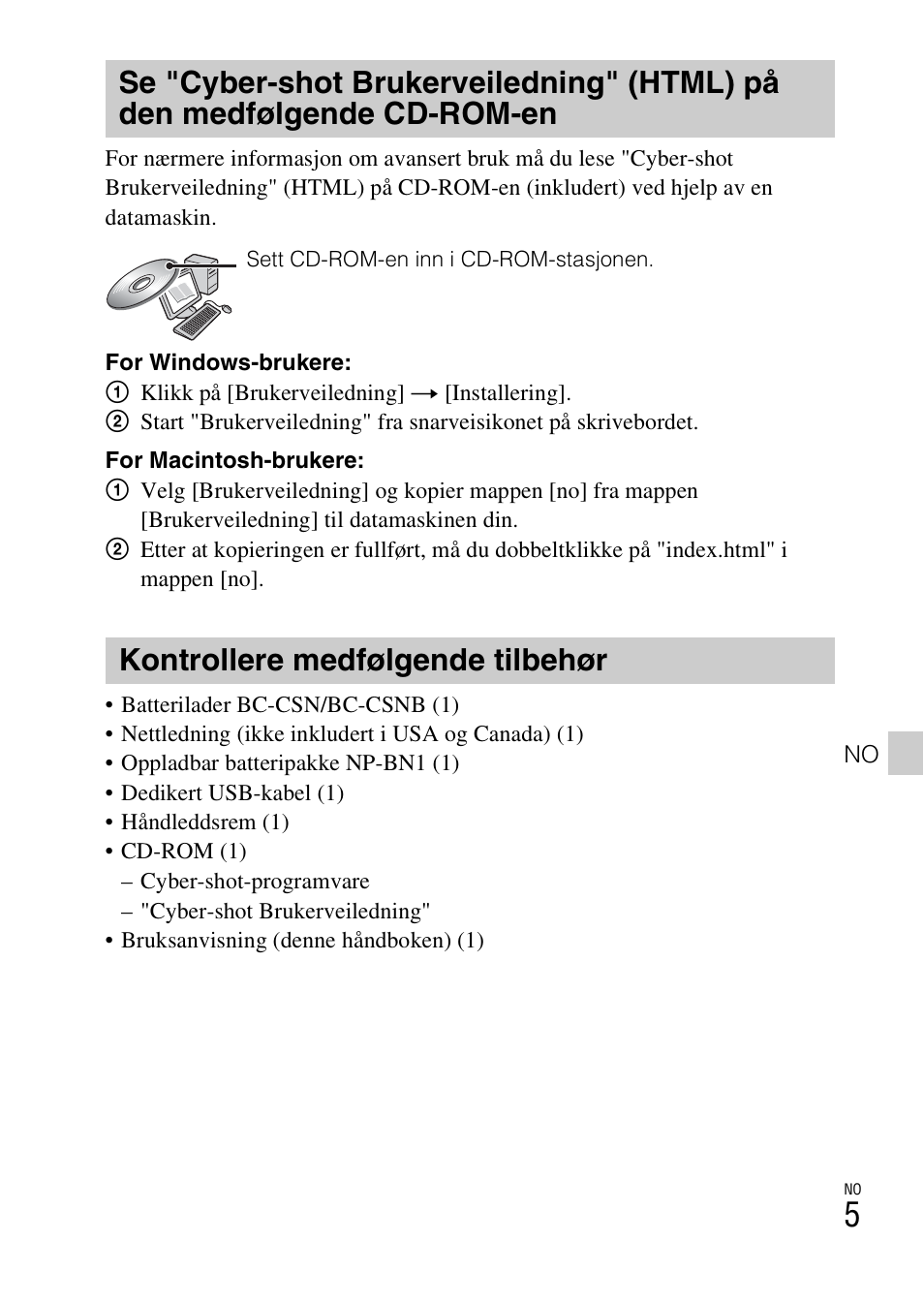 Kontrollere medfølgende tilbehør | Sony DSC-W550 User Manual | Page 293 / 427