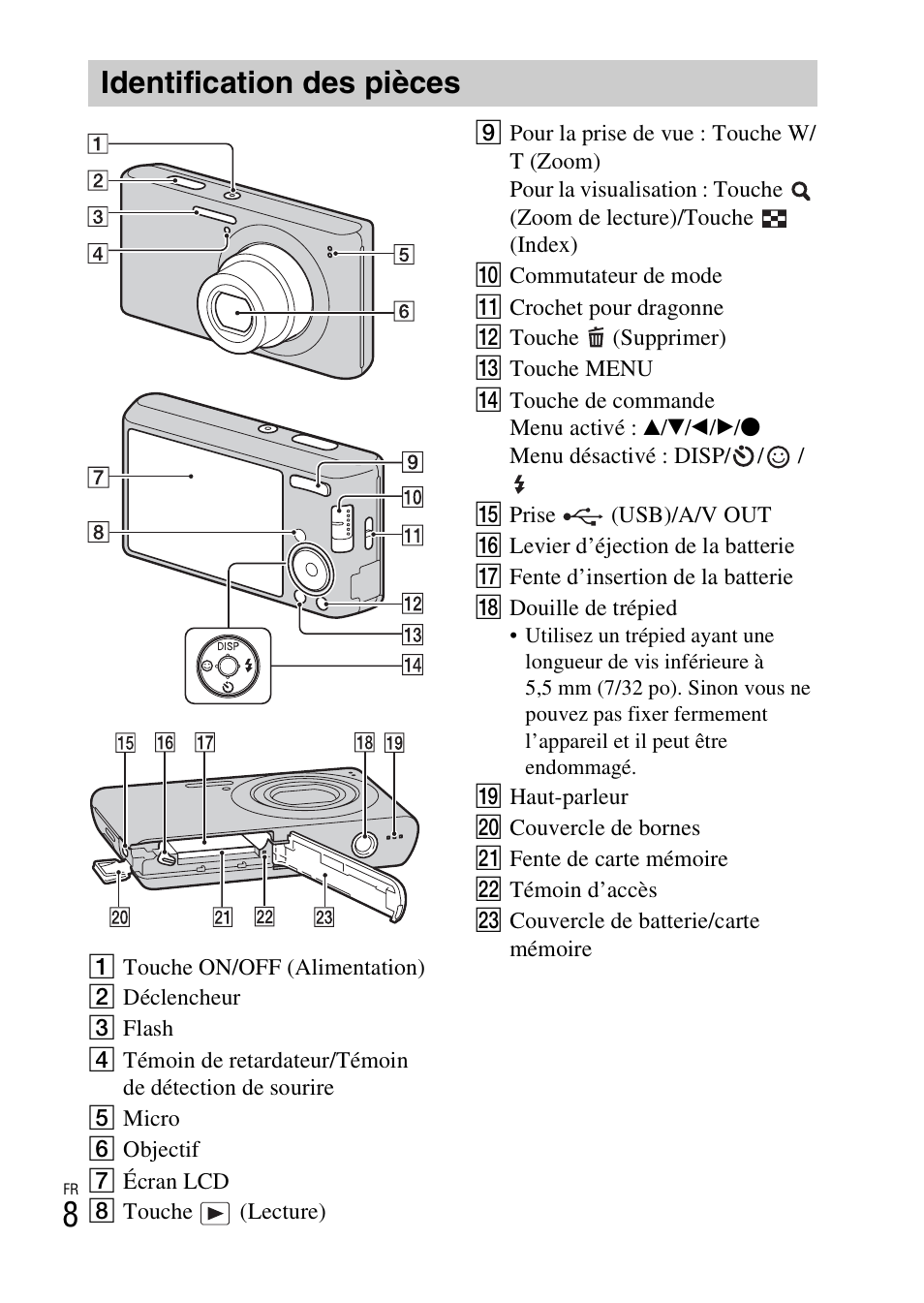Identification des pièces | Sony DSC-W550 User Manual | Page 30 / 427