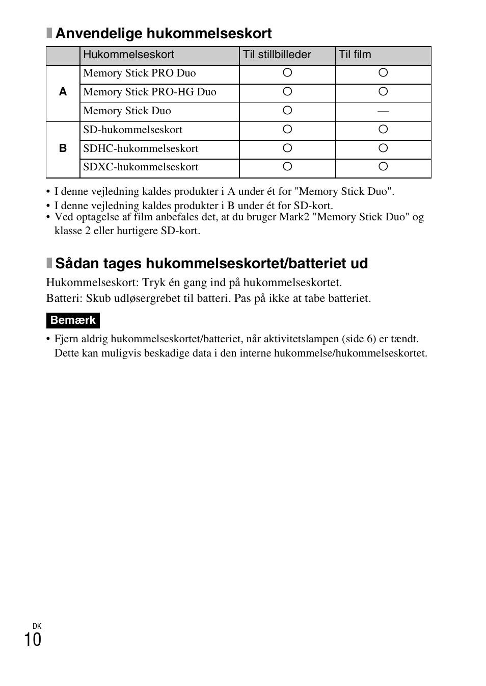 Xanvendelige hukommelseskort, Xsådan tages hukommelseskortet/batteriet ud | Sony DSC-W550 User Manual | Page 318 / 427