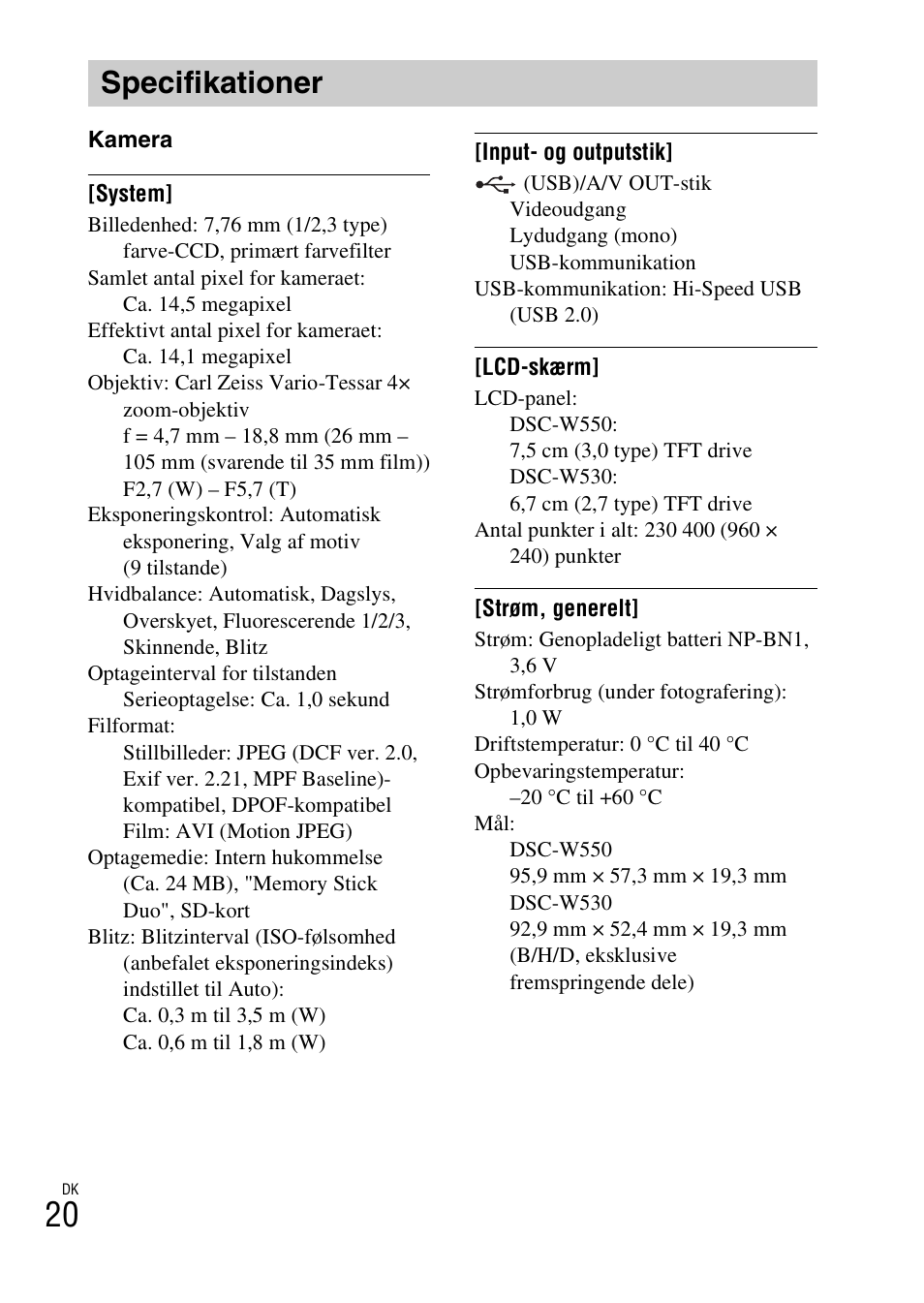 Specifikationer | Sony DSC-W550 User Manual | Page 328 / 427
