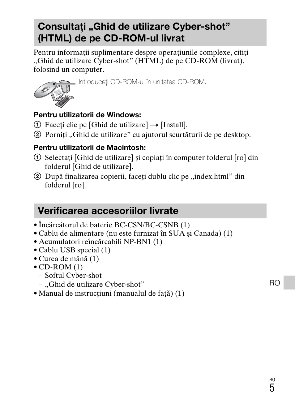 Verificarea accesoriilor livrate | Sony DSC-W550 User Manual | Page 357 / 427