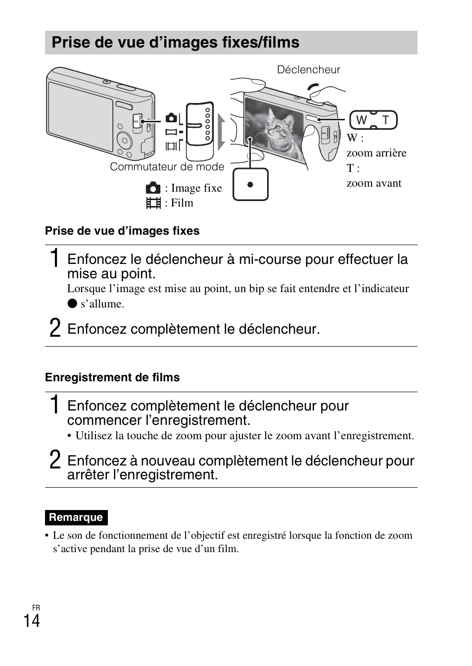 Prise de vue d’images fixes/films | Sony DSC-W550 User Manual | Page 36 / 427