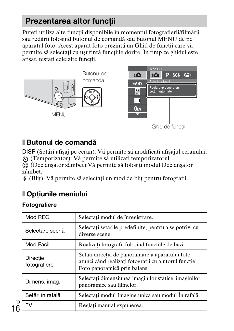 Prezentarea altor funcţii, Xbutonul de comandă, Xopţiunile meniului | Sony DSC-W550 User Manual | Page 368 / 427