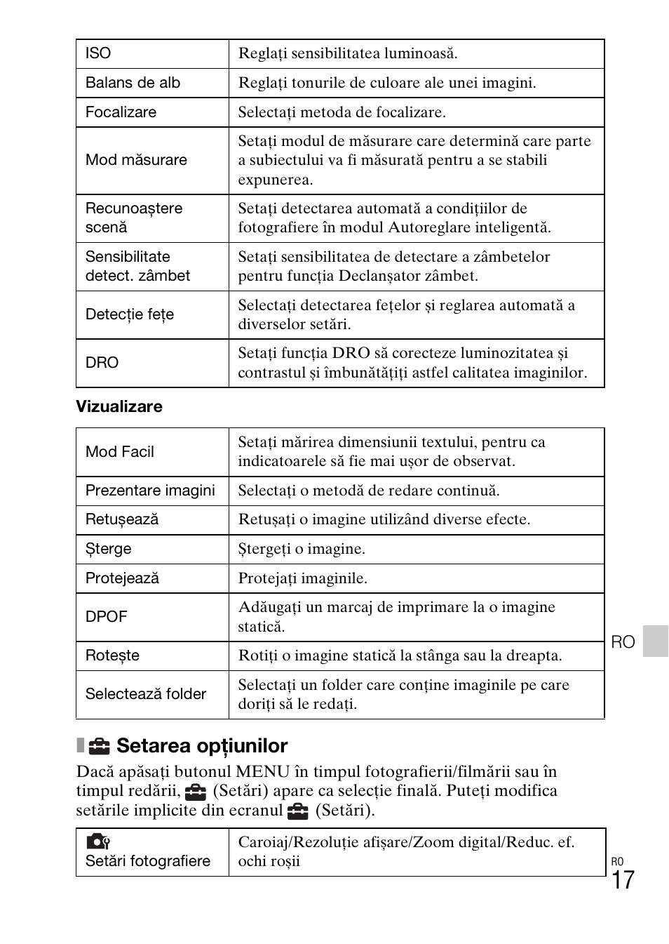 Setarea opţiunilor | Sony DSC-W550 User Manual | Page 369 / 427