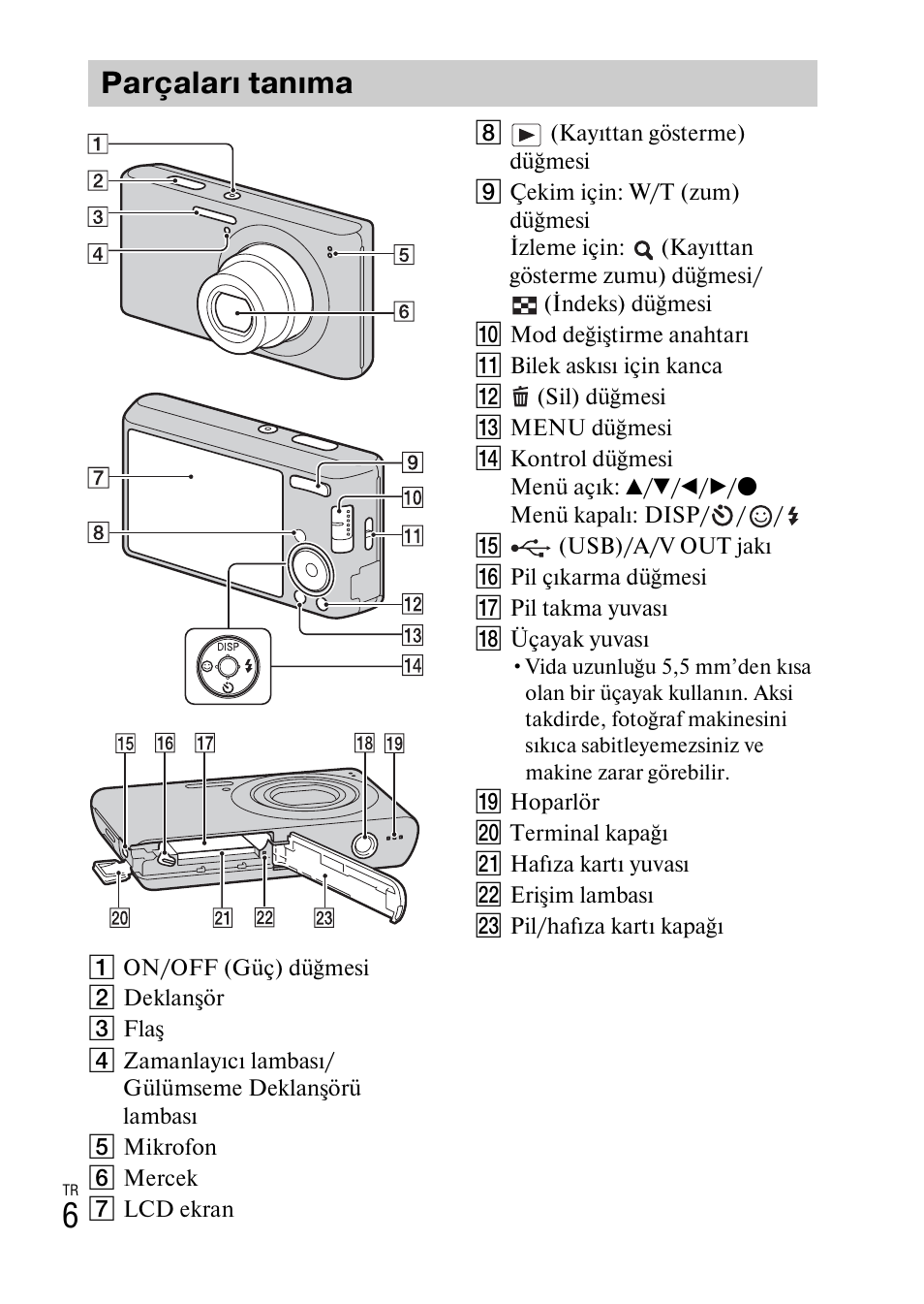 Parçaları tanıma | Sony DSC-W550 User Manual | Page 380 / 427