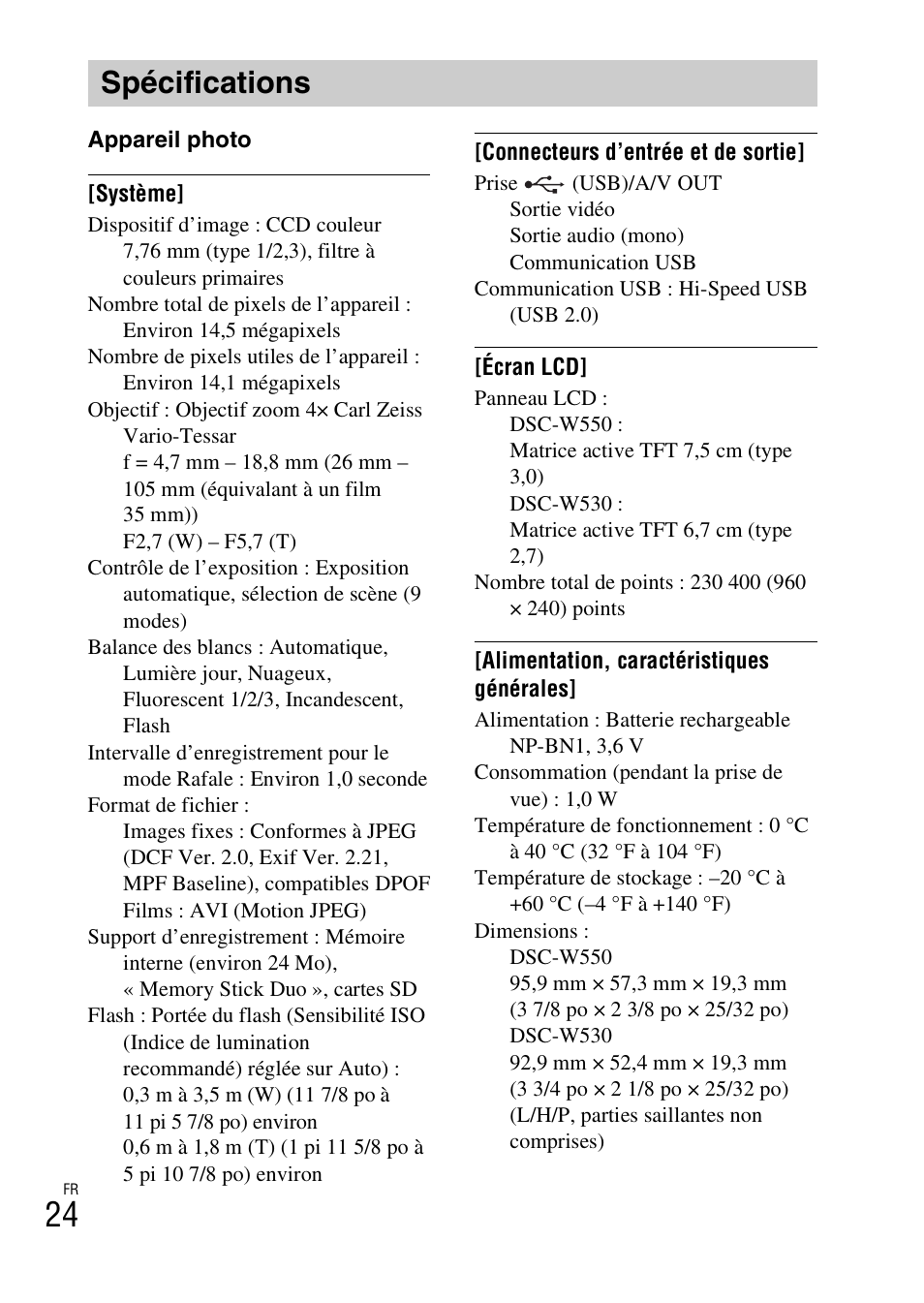 Spécifications | Sony DSC-W550 User Manual | Page 46 / 427