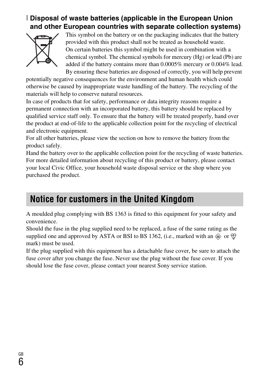 Notice for customers in the united kingdom | Sony DSC-W550 User Manual | Page 6 / 427