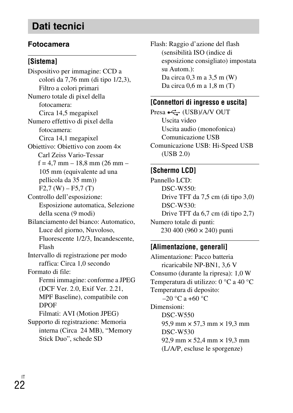 Dati tecnici | Sony DSC-W550 User Manual | Page 68 / 427