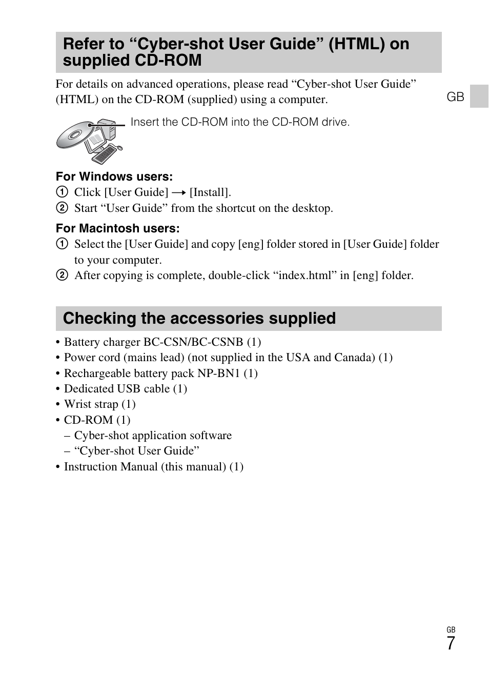 Checking the accessories supplied | Sony DSC-W550 User Manual | Page 7 / 427